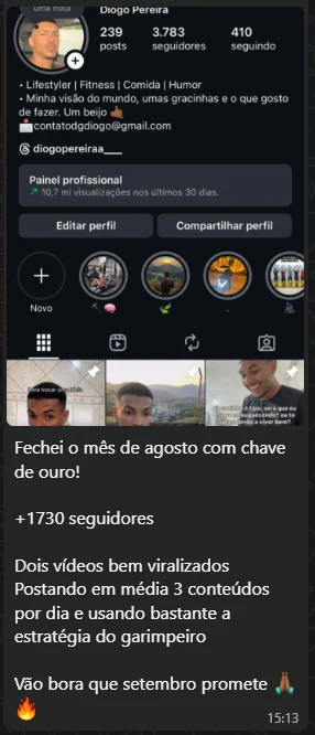 Print do perfil de Diogo Pereira, com 3.783 seguidores, e a mensagem: "Fechei o mês de agosto com chave de ouro! +1730 seguidores. Dois vídeos bem viralizados. Postando em média 3 conteúdos por dia e usando bastante a estratégia do garimpeiro. Vão bora que setembro promete"