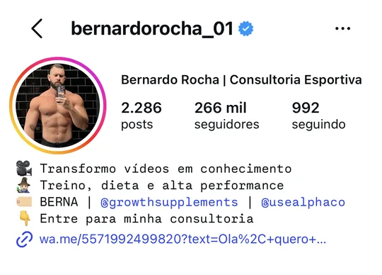 Perfil do Instagram @bernardorocha_01, com 266 mil seguidores