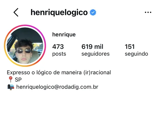Perfil do Instagram @henriquelogico, com 619 mil seguidores