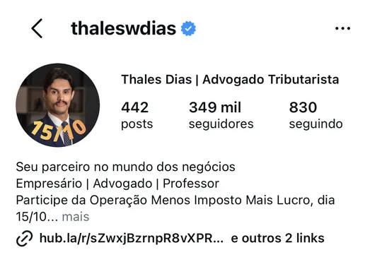 Perfil do Instagram @thaleswdias, com 349 mil seguidores