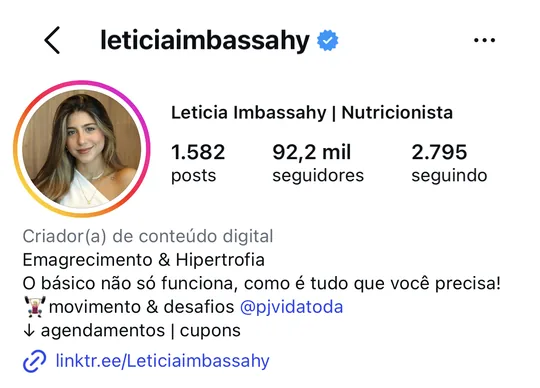 Perfil do Instagram @leticiaimbassahy, com 92,2 mil seguidores