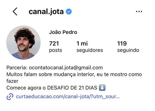 Perfil do Instagram @canal.jota, com 1 milhão de seguidores